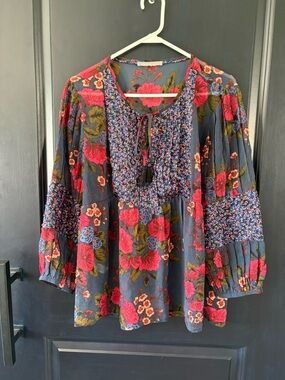 Daniel Rainn Flowy Sheer Floral Top Pintuck Tassel Boho Chic Peasant Large